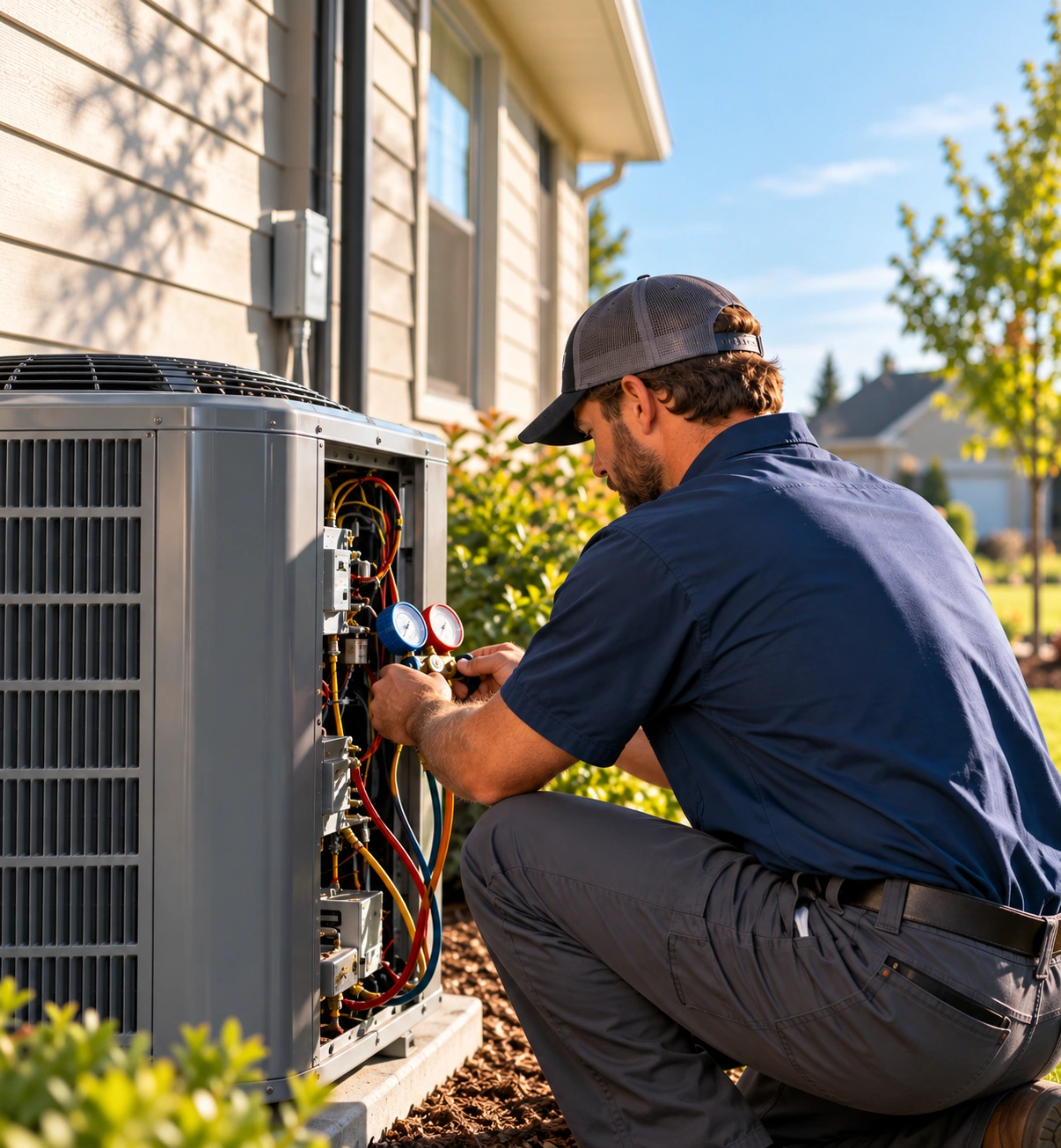 AirPros technician repairing a residential AC unit in Tuscaloosa