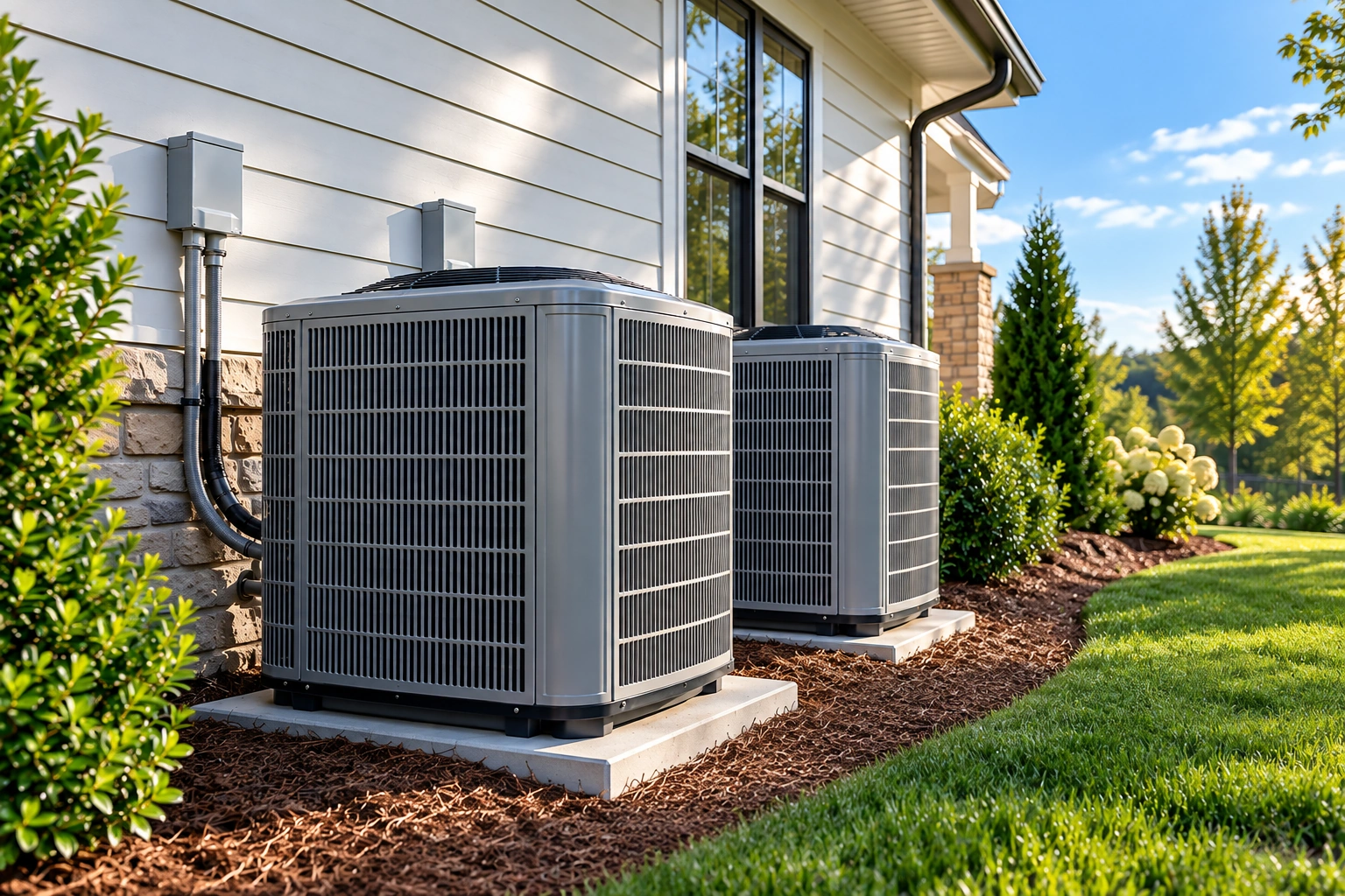 Two high-efficiency residential air conditioning systems installed beside an Alabama home