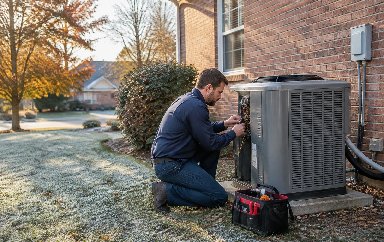 AirPros technician repairing a residential heat pump outside a Tuscaloosa home on a frosty morning